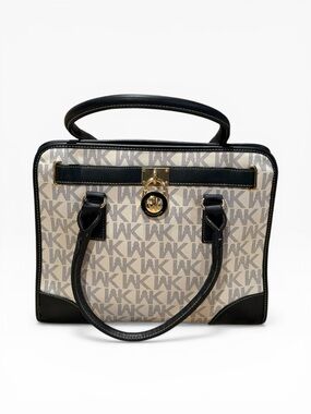 Wendy Keen Monogram Satchel Handbag WK Logo Print Top Handle Bag Black White
